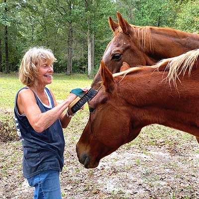 A volunteer with two horses standing close, eager for attention. She is smiling while brushing one horse's forelock.